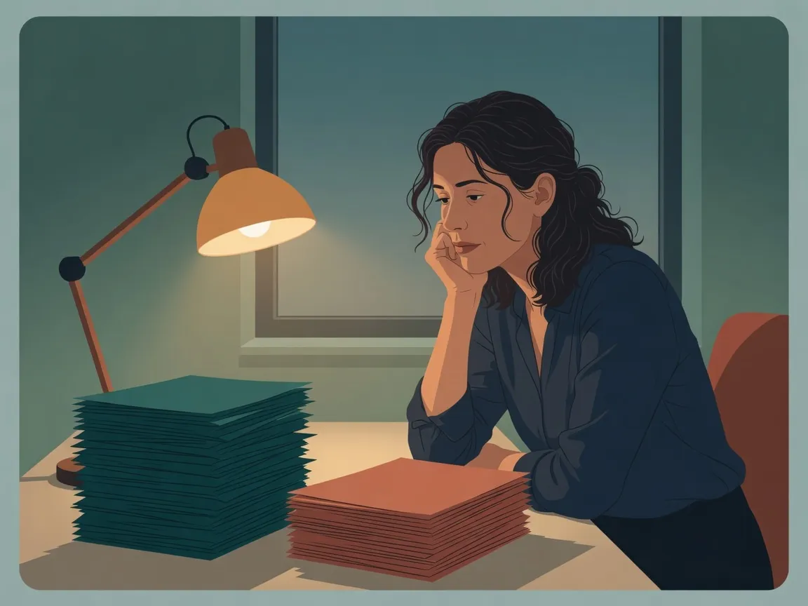 Ilustração: a gestora da clínica no fim do dia diante de duas pilhas de papel que não batem