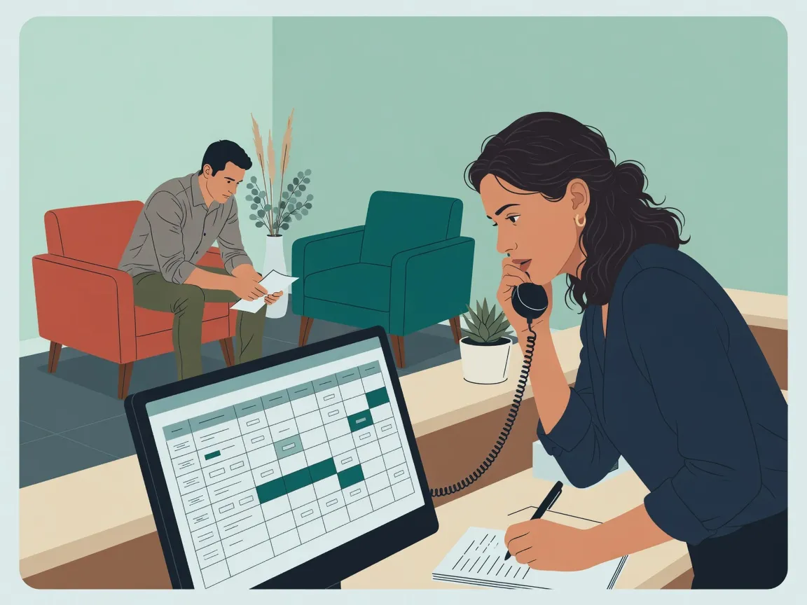 Ilustração: recepcionista ao telefone diante da agenda, com horários ainda não confirmados