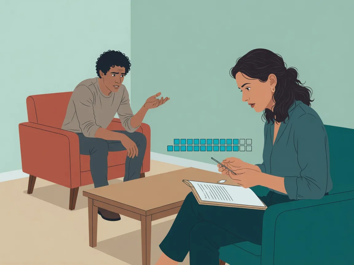 Ilustração: uma sessão de psicologia, com o ciclo de doze sessões do convênio flutuando acima