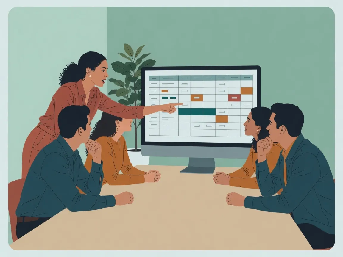 Ilustração: treinamento da equipe da clínica em volta de uma tela com a agenda