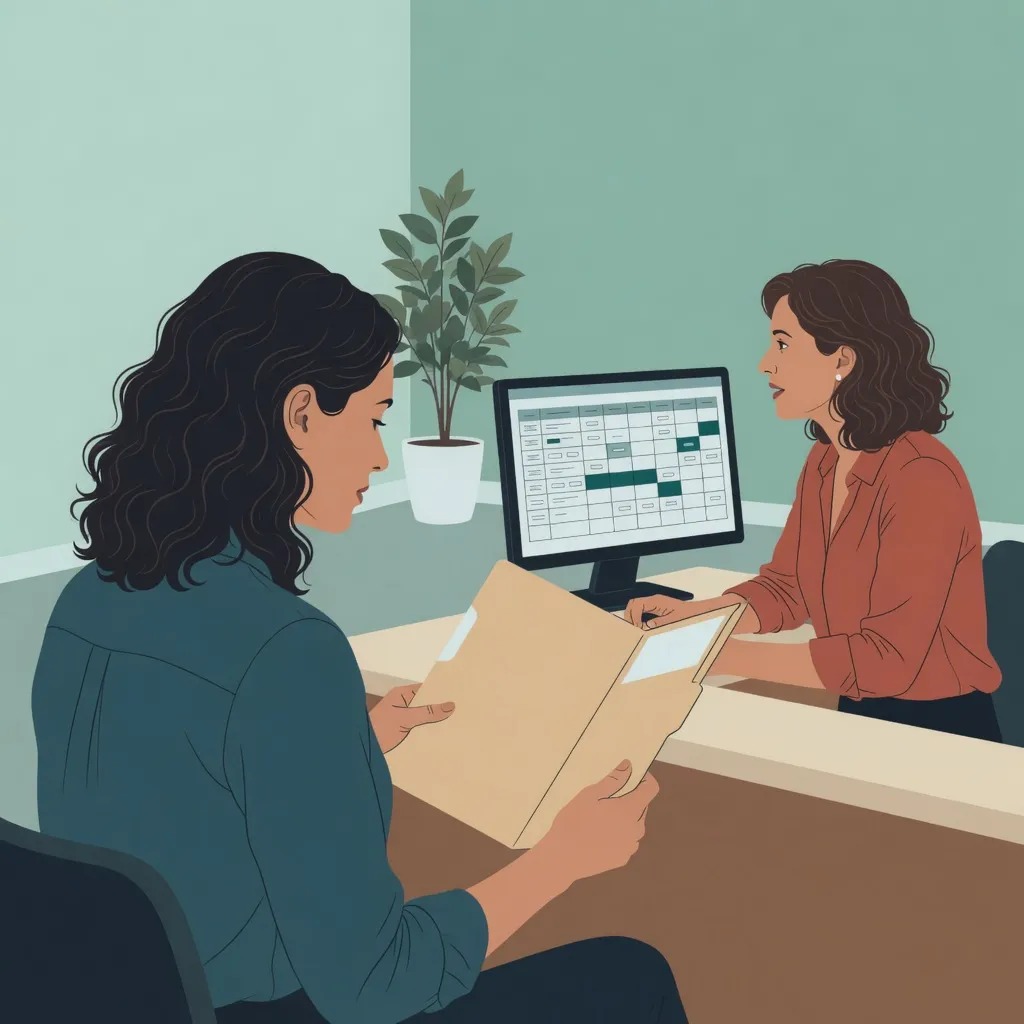 Ilustração: psicóloga guardando um prontuário, e duas figuras que param numa fronteira sem atravessar