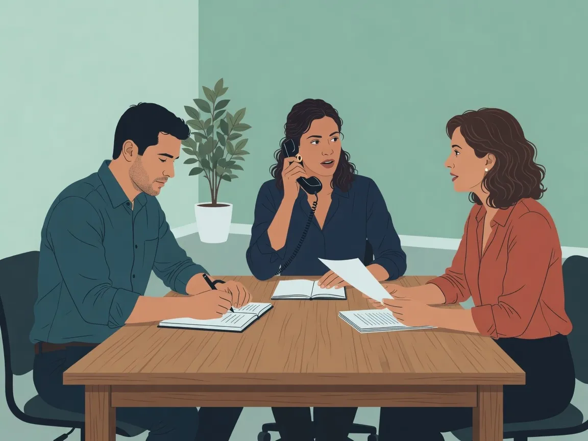Ilustração: duas pessoas do Xclinicas escutando a coordenadora da clínica, inclinadas para a frente
